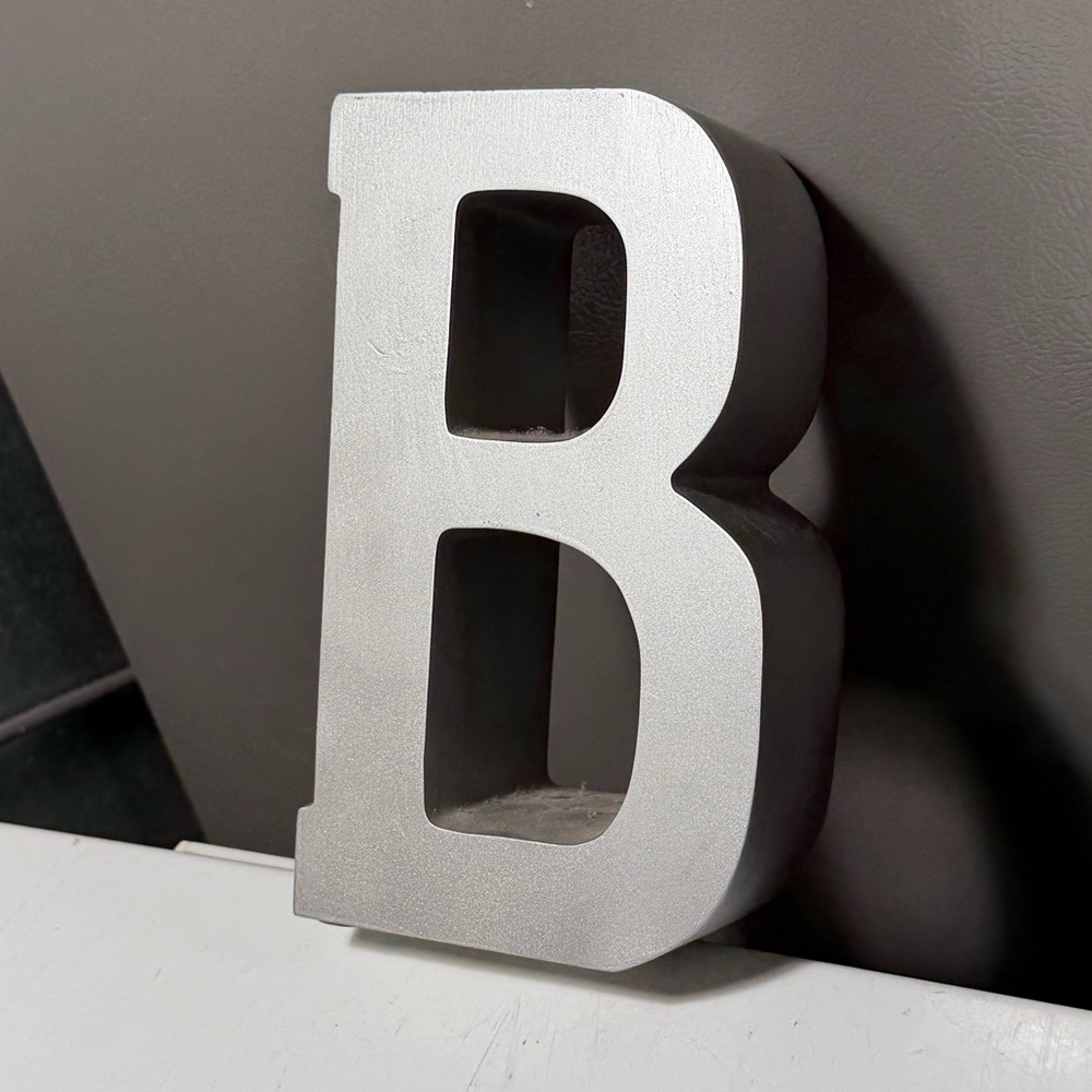 Silver Letter B Decor 8” tall, 3” deep, 5 “ wide Composite Material